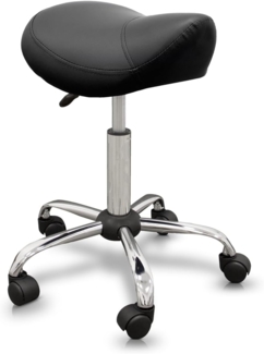QUIRUMED Pony-Hocker, ergonomisch, mit Stahlgestell, Schwarze Farbe, Kunstlederpolsterung, höhenverstellbar, gepolsterter Sitz, drehbare Räder, bis 150 kg