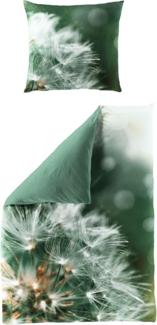 JACK Wendebettwäsche 135x200cm Digitaldruck Pusteblume Grün Bierbaum, Mako-Satin, 2 teilig, seidiger Glanz, elegantes Motiv in Olive