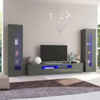 Dmora Modulares Wohnzimmer-Wandsystem, Made in Italy, TV-Ständer und Wohnwände, Modernes Wohnzimmer-Set, 300x40h162 cm, Farbe Anthrazit glänzend