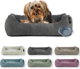 Rohrschneider Tierbett Hundebett Cord für kleine Hunde mit waschbarem Bezug inkl. Futternapf, antiruschbeschichtete Unterseite