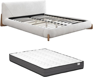 Vente-unique - Bett + Matratze - 180 x 200 cm - Bouclé-Stoff - Weiß & Holzfarben - GAMURA