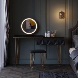 Vicco Schminktisch Bella, Schwarz Hochglanz, 120 cm mit LED Spiegel und Hocker