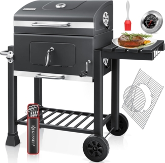 KESSER® Grill Grillwagen BBQ Smoker XL Holzkohlegrill mit Deckel, Rädern, Edelstahl-Griff, Grillrost und Thermometer, 8 Spieße mit Tasche & Silikon-Pinsel, Standgrill, Kohlegrillwagen