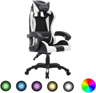 vidaXL Gaming Stuhl mit RGB LED-Leuchten Höhenverstellbar Chefsessel Bürostuhl Drehstuhl Schreibtischstuhl Sportsitz Racing Weiß Schwarz Kunstleder