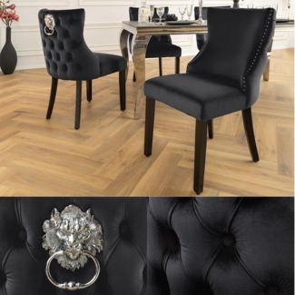 LebensWohnArt Stuhl Edler Stuhl LEON Samt schwarz Löwenkopf Nieten Chesterfield
