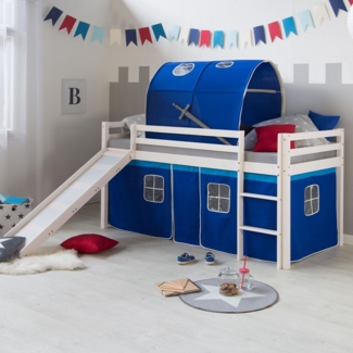 Homestyle4u Spielbett mit Lattenrost, Rutsche und Tunnel Stockbett, blau, Kiefernholz weiß, 90x200 cm