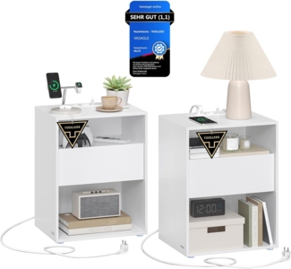 Vasagle Toolless-Technologie, superschnelle werkzeuglose Montage, Nachttisch 2er Set, Beistelltisch mit Ladefunktion, Nachtschrank mit Schublade, modern, Schlafzimmer, Wohnzimmer, mattweiß LETDE776W01