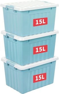 Cetomo 15L*3 Aufbewahrungsboxen mit Deckeln, Kunststoff-Aufbewahrungsbox mit Clips, Kunststoffbox, Ordnungsboxen für Zuhause und Büro, BPA-frei, Nestbar, Stapelbar, Blau, 15L-3er Pack