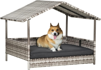 PawHut Hundehütte Rattan Hundehaus mit Kissen, Hundebett im Hausform, für kleine, mittlere Hunde, Grau