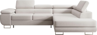 Selsey STEVIL - Ecksofa L-Sofa mit Schlaffunktion, Bettkasten, Ottomane rechts, Veloursbezug Creme