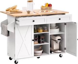 VEVOR Kücheninselwagen mit Massivholzplatte & Lagerschrank, mobiler Rolltisch mit Klappplatte & Schubladen & Gewürzregal, tragbarer Servierwagen auf Lenkrollen für das Esszimmer, 132 cm breit