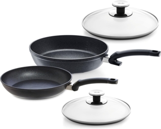 Fissler Adamant Pfannen-Set 4-teilig / (1x Adamamt Classic 24 cm & 1x Adamant Comfort 28 cm) + Glas-Deckel, beschichtete Aluminiumpfannen antihaftend, kratzfest - Induktionsgeeignet