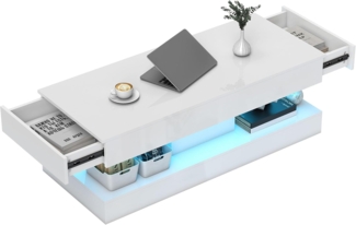 HOMCOM Couchtisch mit 12-Farbiger LED Beleuchtung, 2 Schublade, offenem Regal (Wohnzimmertisch, 1-St, Modern Beistelltisch), Kaffeetisch für Wohnzimmer 120 x 50 x 42 cm, Weiß