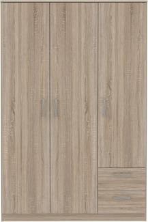 FORTE NIKO Schrank 120 130, Kleiderschrank, Drehtürenschrank Skandinavisch, 3-türig mit 2 Schubladen, Einlegeböden und Kleiderstange, Sonoma Eiche, 123 cm breit x 185 cm hoch x 53 cm tief