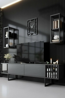Dmora - Fernsehschrank Ananke, Ständer für Wohnzimmerfernseher, Niedriges Wohnzimmer-Sideboard, TV-Ständerbasis, 180x30h48 cm, Anthrazit und Schwarz