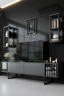 Dmora - Fernsehschrank Ananke, Ständer für Wohnzimmerfernseher, Niedriges Wohnzimmer-Sideboard, TV-Ständerbasis, 180x30h48 cm, Anthrazit und Schwarz