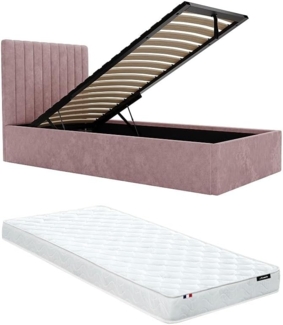 Vente-unique - Bett mit Bett mit Bettkasten - 90 x 190 cm mit Kopfteil mit vertikalen Ziernähten + Matratze - Stoff - Rosa - SARAH
