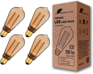 greenandco 4x LED Vintage Glühbirne zur Stimmungsbeleuchtung | E27 ST64 | gold | 4W 200lm | 1800K extra warmweiß | 320° | 230V | flimmerfrei | nicht dimmbar | Edison Glühbirne