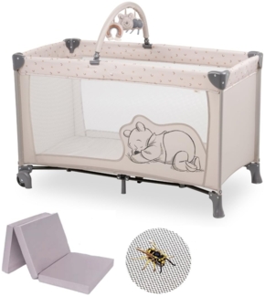 hauck Reisebett Dream N Play Go mit Matratze - faltbares Kinder Babyreisebett mit Tasche, Spielbogen & Insektenschutz - Disney - Pooh Rainbow Beige