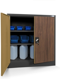Kleiner Aktenschrank C001B Büroschrank mit Flügeltüren Metallschrank Lagerschrank Pulverbeschichtet Stahlblech Abschließbar 92,5 x 90 x 40 cm (H x B x T) (Holzoptik-Anthrazit)