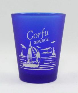 Corfu Griechenland Schnapsglas, Milchglas, Kobaltblau