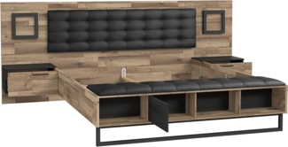 FORTE JAKOBINA Bett mit Nachtkommoden und 2 Schubladen und 1 Tür, Liegefläche 180x200 cm, Holzwerkstoff, Planked Eiche / Schwarzeiche, 296.8 x 119.7 x 234.5 cm