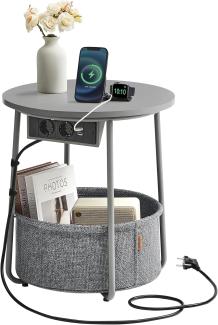 Vasagle Beistelltisch rund mit Ladestation, kleiner Tisch mit Steckdose, Couchtisch, USB-Anschlüsse, Stoffkorb, Wohnzimmer Schlafzimmer, Nachttisch modern, Taubengrau-Schiefergrau, 45x50 cm