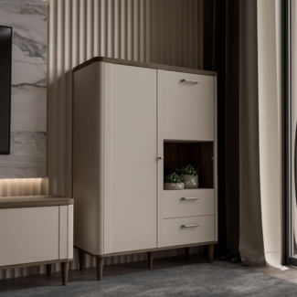 Forte LACETTI Schrank 100, modernes Highboard mit abgerundeten Ecken, Tür, Kippfach und 2 Schubladen, Kaschmir | Beige mit Valencia Eiche Holzdekor, 100,1 cm breit x 142,9 cm hoch x 41,2 cm tief