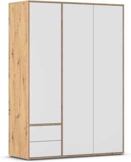 rauch Kleiderschrank Nabila, Drehtürenschrank, Garderobenschrank, 3-türig, 2 Schubkästen, mit 1 Kleiderstange und 3 Einlegeböden, Farbe Weiß/Eiche Artisan, Holz, mit Push-to-Open Funktion, 140x194x53cm
