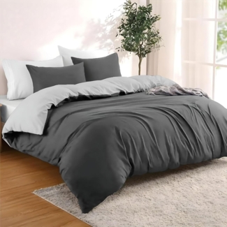 Dreamzie - Bettwäsche Set 240x220 cm mit 2 Kissenbezügen 65x65 cm Dunkelgrau/Hellgrau - 1 Bettbezug 240x220 aus 100% Mikrofaser - Zertifiziert ohne Chemikalien (Oeko TEX)