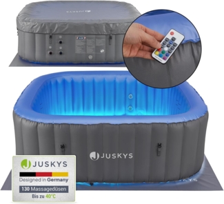 Juskys Whirlpool Palmira für bis zu 6 Personen - Outdoor Indoor Pool aufblasbar & mit LED - 2 m Aussenwhirlpool - Spa Hot Tub eckig - Grau