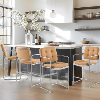 COLAMY Modernes Essstuhl-Set 4er, Knopfgepolsterter PU-Leder-Esszimmerstuhl mit Metallbeinen für Zuhause/Wohnzimmer/Büro/Esszimmer, Braun