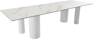 Esstisch Edge 300x100 Keramik Calacatta Luxe Weiß-Gold-Grau Pilier Metall Weiß