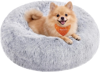Feandrea Hundebett flauschig, Katzenbett, Donut Kissen, waschbar, Polsterung in der Mitte herausnehmbar, Langer Plüsch, 60 cm Durchmesser, Ombré-Grau PGW038G01