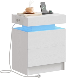 IRONCK Nachttisch Weiß mit LED-Licht & Ladefunktion, Beistelltisch mit USB+Typ-C Anschlussen, Nachtschrank mit 2 Schubladen, Sofatisch für Schlafzimmer, Wohnzimmer, 35 x 48 x 60 cm
