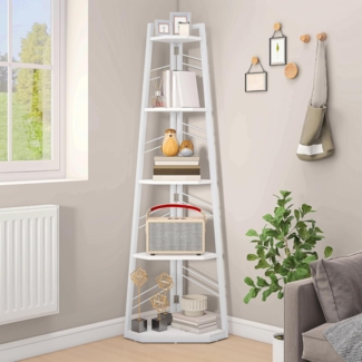 DWVO Eckregal 5 Ebenen, Eckbuchhandel mit Metallrahmen, Industrial Ladder -Bücherregal, Bodenständiges Displayregal, Hoher Speicherregal, für Wohnzimmer, Küche, Schlafzimmer, Reines Weiß Standregal