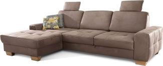 Cavadore Ecksofa Puccino mit Federkern, verstellbarer Sitztiefe und 2 Kopfstützen / Sofa in L-Form im Landhaus Design / 281 x 86 x 178 cm / Mikrofaser hellbraun