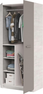 Dreitüriger Kleiderschrank mit Kleiderstange und drei Innenböden, Holzoptik weiß mit braunem Türdetail, Maße 90 x 200 x 52 cm