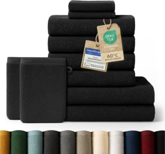 Blumtal Premium Frottier Handtücher Set mit Aufhängschlaufen - Baumwolle Oeko-TEX Zertifiziert, weich, saugstark - 2X Badetuch, 2X Handtuch, 2X Gästehandtuch, 2X Waschlappen, Schwarz