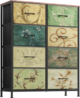 WLIVE Kommode mit Schubladen aus Stoff, Kommodenschrank für Schlafzimmer, Kommode Wohnzimmer, mit Stabiler Stahlrahmen (8 Schubladen, Vintage-Druck)