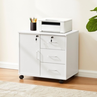 TUKAILAI Rollcontainer Abschließbar, Mobiler Aktenschrank mit 3 Schubladen und Schrankfach, 4 Rollen, Schubladenschrank für Büro und Home Office, Weiß