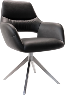 Esszimmerstuhl Yago-Flex mit Armlehnen Echt-Leder Schwarz Kreuzgestell breit Edelstahl Taschenfederkern