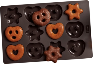Lurch FlexiForm Backform für 12 Mini-Lebkuchen Bretzeln, Herzen und Sterne Premium-Platin-Silikon 20x30 cm