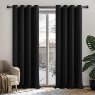 Deconovo Gardinen Thermovorhang Kälteschutz Verdunkelung Kinderzimmer Extra Warm, 138x132 cm, Schwarz, 2er Set