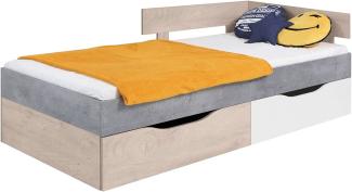 Stylefy Lendon Einzelbett Eiche Beton Weiß Hochglanz 90x200 cm