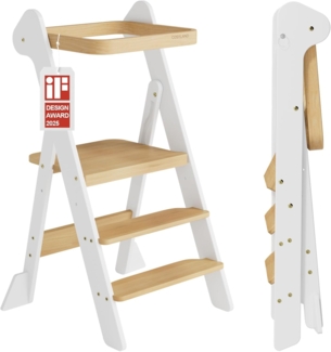 COSYLAND Lernturm ab 1 Jahr klappbar – iF Design Award Gewinner, höhenverstellbarer Lernturm mit Sicherheitsnetz, Montessori Learning Tower/Lernstuhl für Kinder, Holz (Weiß & Natur)
