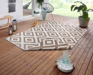 NORTHRUGS In- und Outdoor Teppich Malta 80x150 cm - Wendeteppich Wetterfest Modernes Geometrisches Muster Teppich für Balkon Terrasse Garten Wintergarten Wohnzimmerteppich Wasserfest in Linen