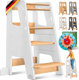 KIDIZ® Lernturm für Kinder ab 1 Jahr inkl. Lernuhr | 3-stufig Höhenverstellbarer Tritthocker aus Kiefernholz | spielerisch motorische Fähigkeiten fördern Montessori Learning Tower bis 50 kg belastbar Weiß / Hellbraun