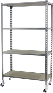 Simon Rack Schwerlastregal mit Rollen, 1575 x 1100 x 400 mm, Bis 75 kg Belastbar, 4 Verstellbare Ablagen, MDF-Platten, Kellerregal, Lagerregal, Galva/Holz - Maderclick