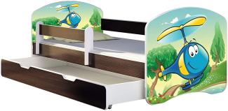 ACMA Kinderbett Jugendbett mit Einer Schublade und Matratze Wenge mit Rausfallschutz Lattenrost II 140x70 160x80 180x80 (35 Hubschrauber, 140x70 + Bettkasten)